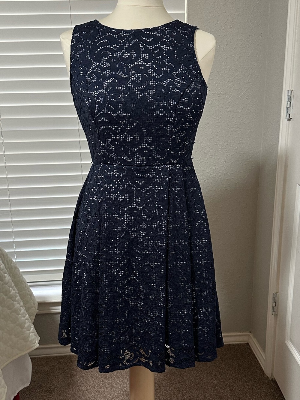 Sleeveless Navy Lace A-Line Dress